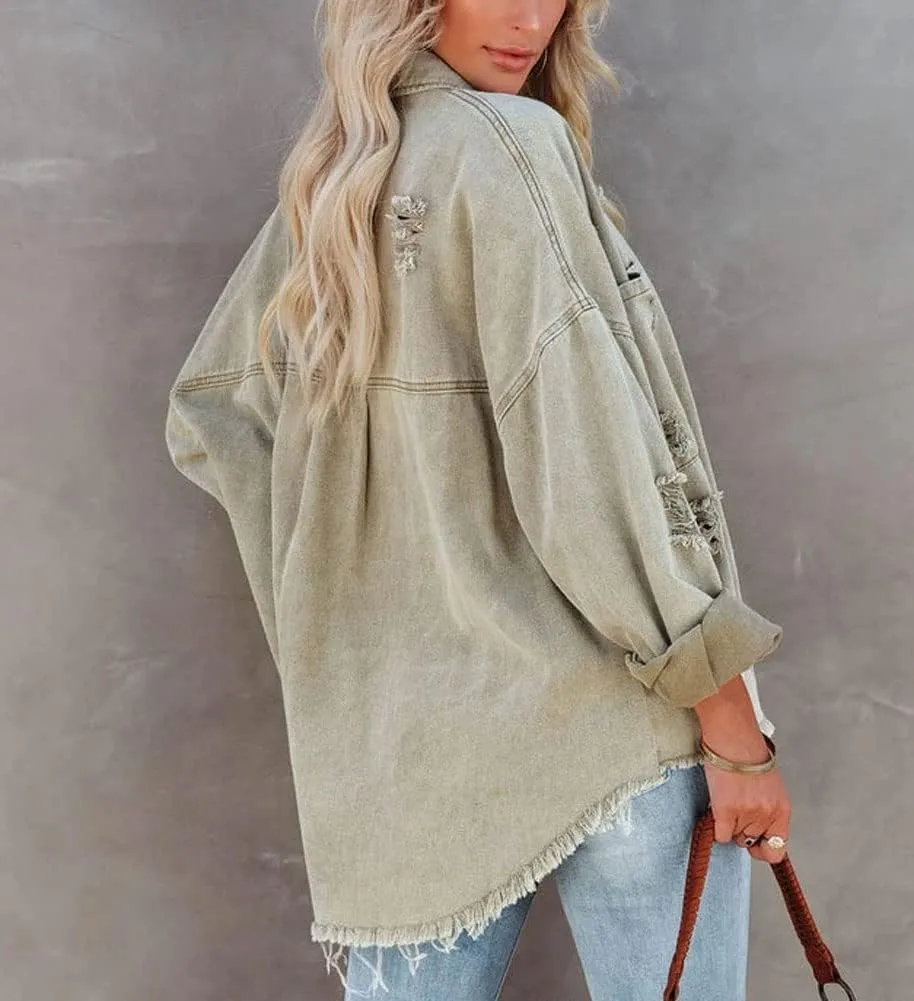 chouyatou Women's Frayed Ripped Holes Long Sleeve Button Down Oversized Denim Trucker Jacket