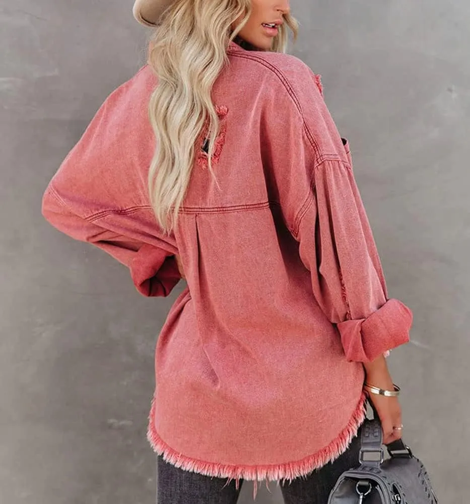 chouyatou Women's Frayed Ripped Holes Long Sleeve Button Down Oversized Denim Trucker Jacket