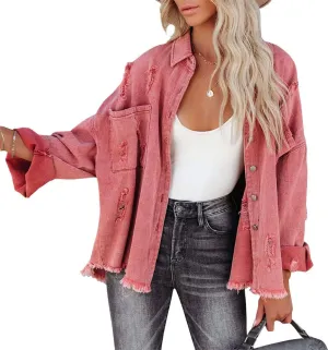 chouyatou Women's Frayed Ripped Holes Long Sleeve Button Down Oversized Denim Trucker Jacket