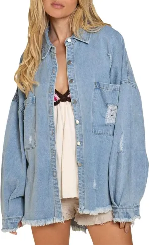 chouyatou Women's Frayed Ripped Holes Long Sleeve Button Down Oversized Denim Trucker Jacket