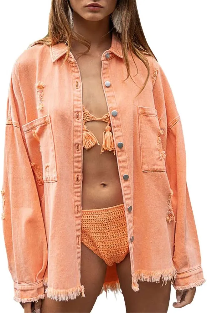 chouyatou Women's Frayed Ripped Holes Long Sleeve Button Down Oversized Denim Trucker Jacket