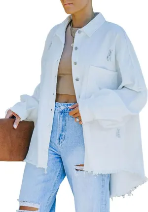 chouyatou Women's Frayed Ripped Holes Long Sleeve Button Down Oversized Denim Trucker Jacket