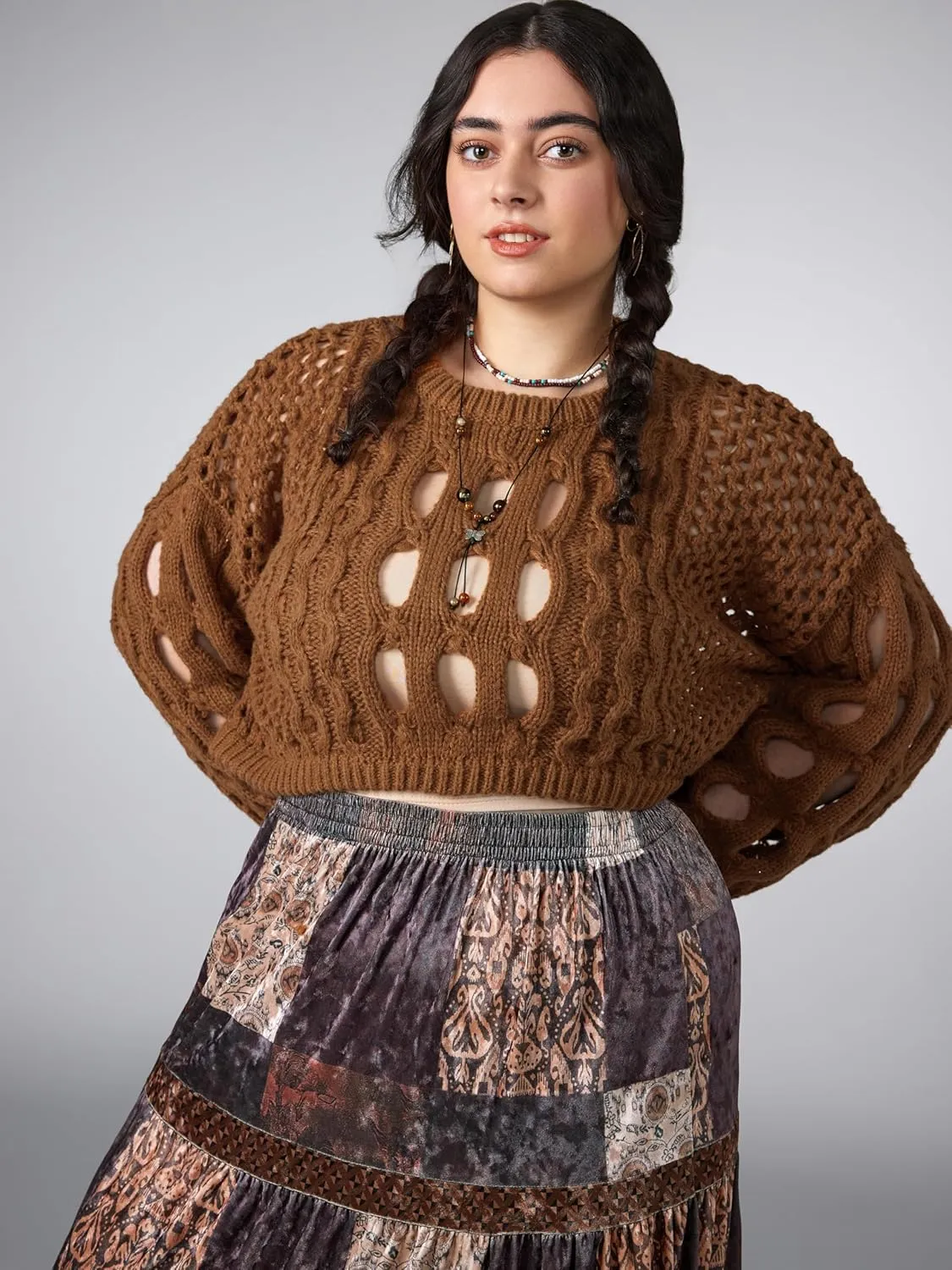 CIDER Cropped Sweaters for Women Knit Round Neckline Hollow Out Long Sleeve Crop Top Sweaters