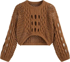 CIDER Cropped Sweaters for Women Knit Round Neckline Hollow Out Long Sleeve Crop Top Sweaters