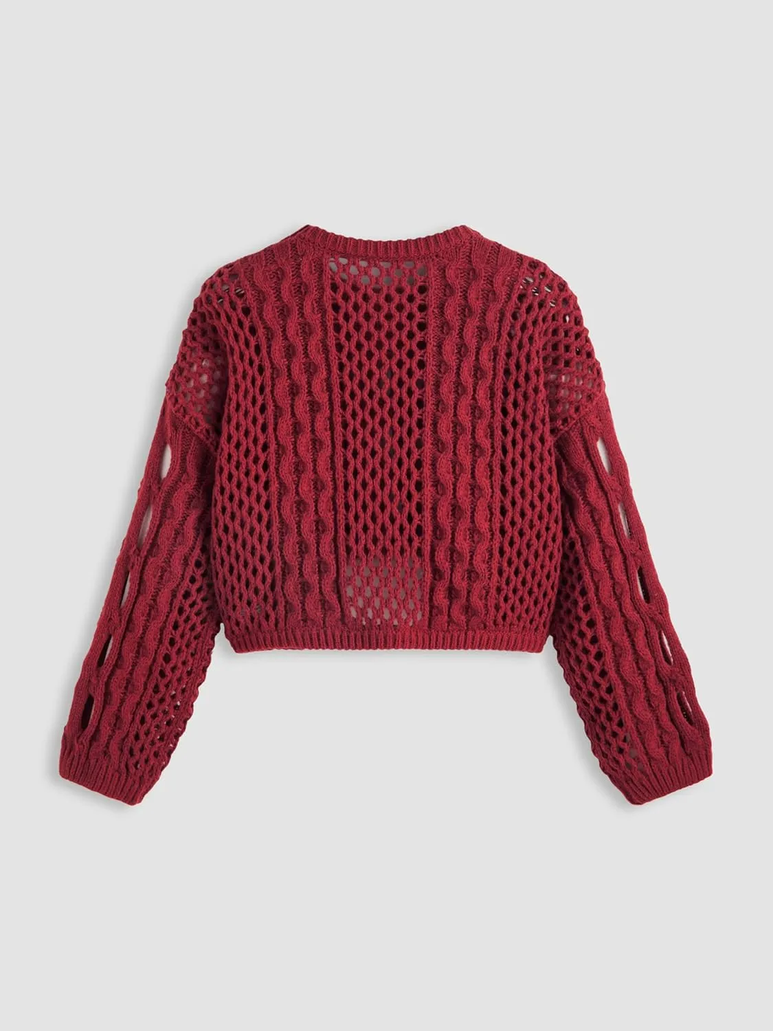 CIDER Cropped Sweaters for Women Knit Round Neckline Hollow Out Long Sleeve Crop Top Sweaters