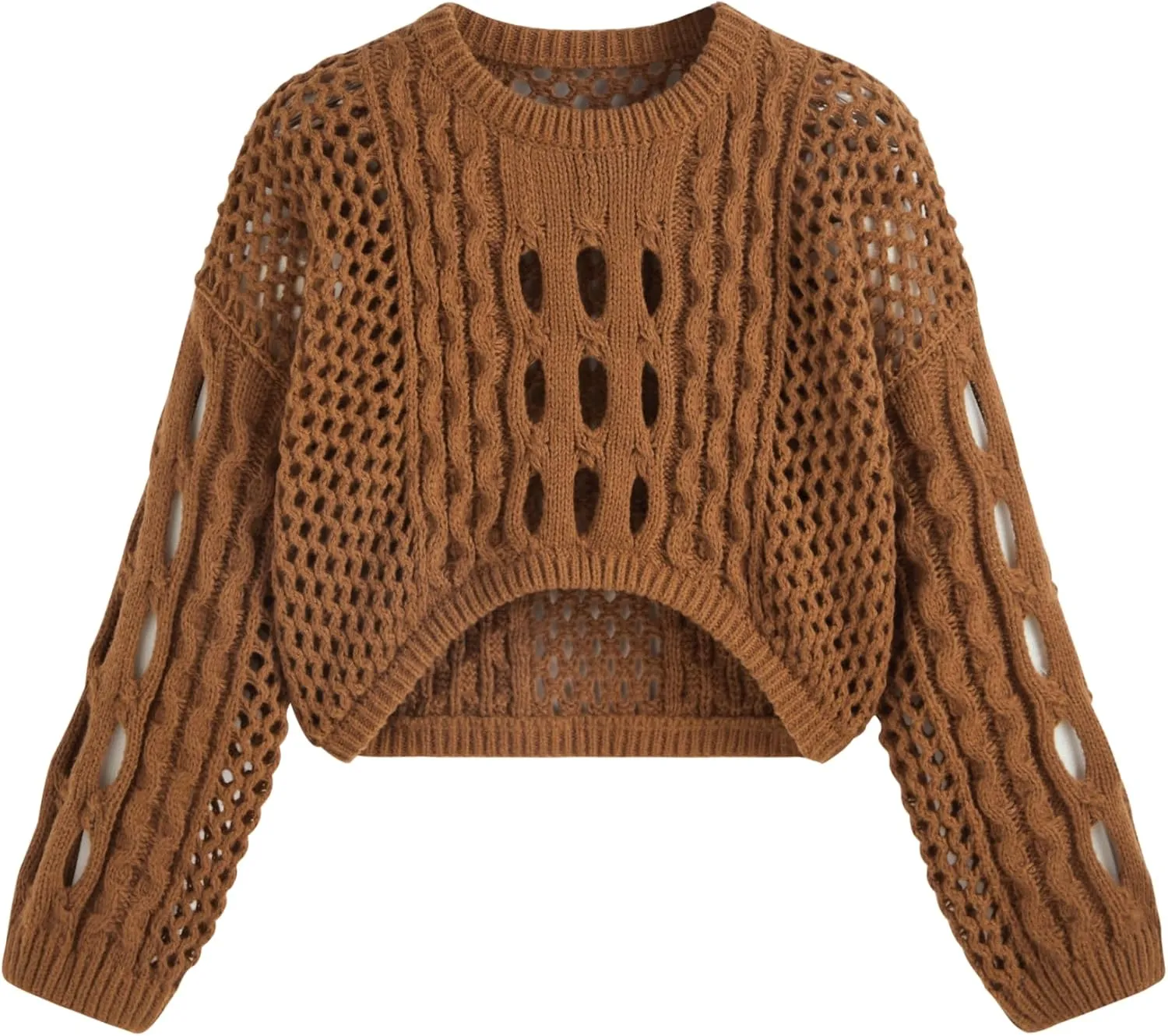 CIDER Cropped Sweaters for Women Knit Round Neckline Hollow Out Long Sleeve Crop Top Sweaters