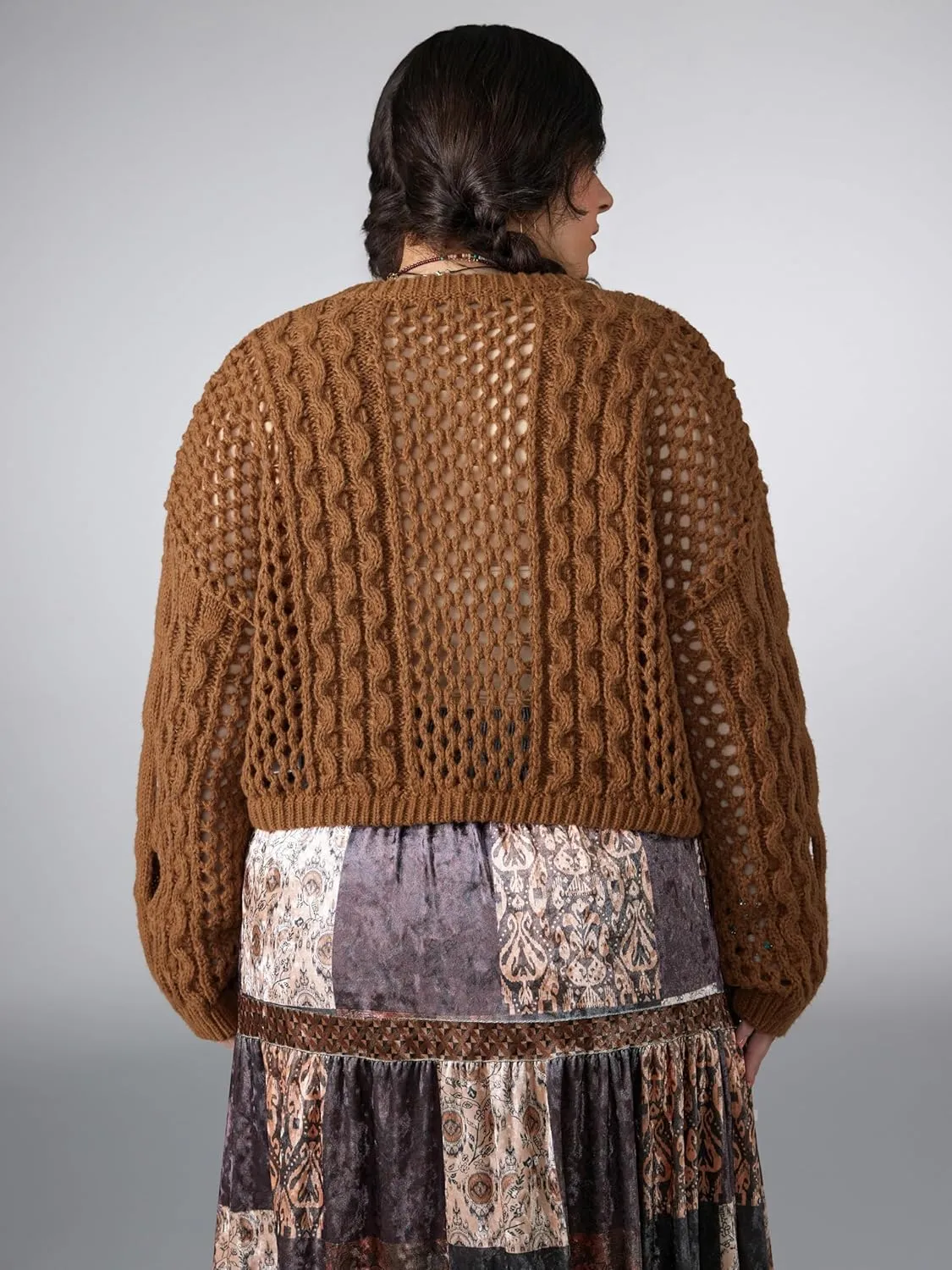 CIDER Cropped Sweaters for Women Knit Round Neckline Hollow Out Long Sleeve Crop Top Sweaters