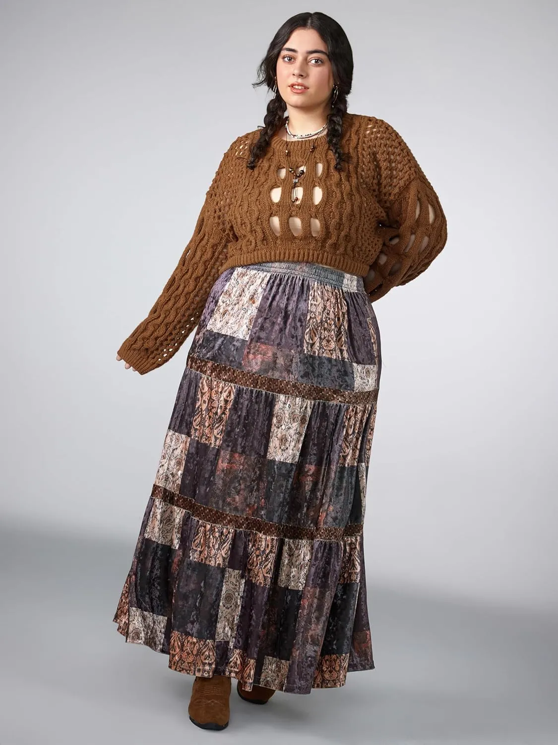 CIDER Cropped Sweaters for Women Knit Round Neckline Hollow Out Long Sleeve Crop Top Sweaters