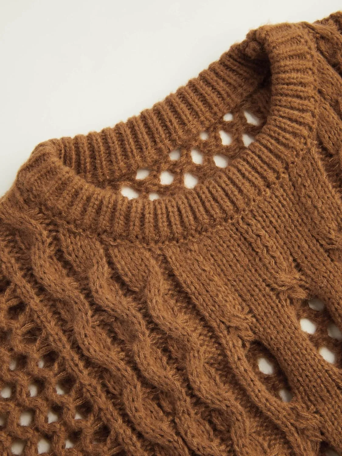 CIDER Cropped Sweaters for Women Knit Round Neckline Hollow Out Long Sleeve Crop Top Sweaters