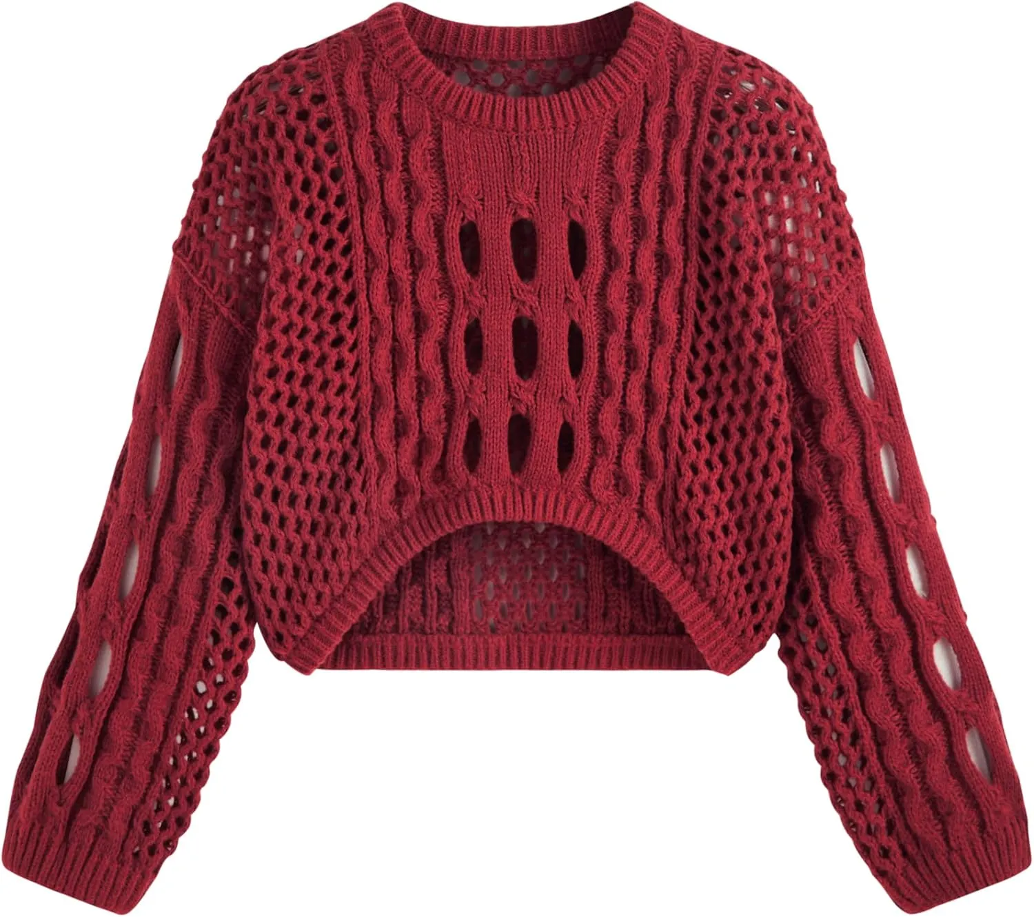 CIDER Cropped Sweaters for Women Knit Round Neckline Hollow Out Long Sleeve Crop Top Sweaters