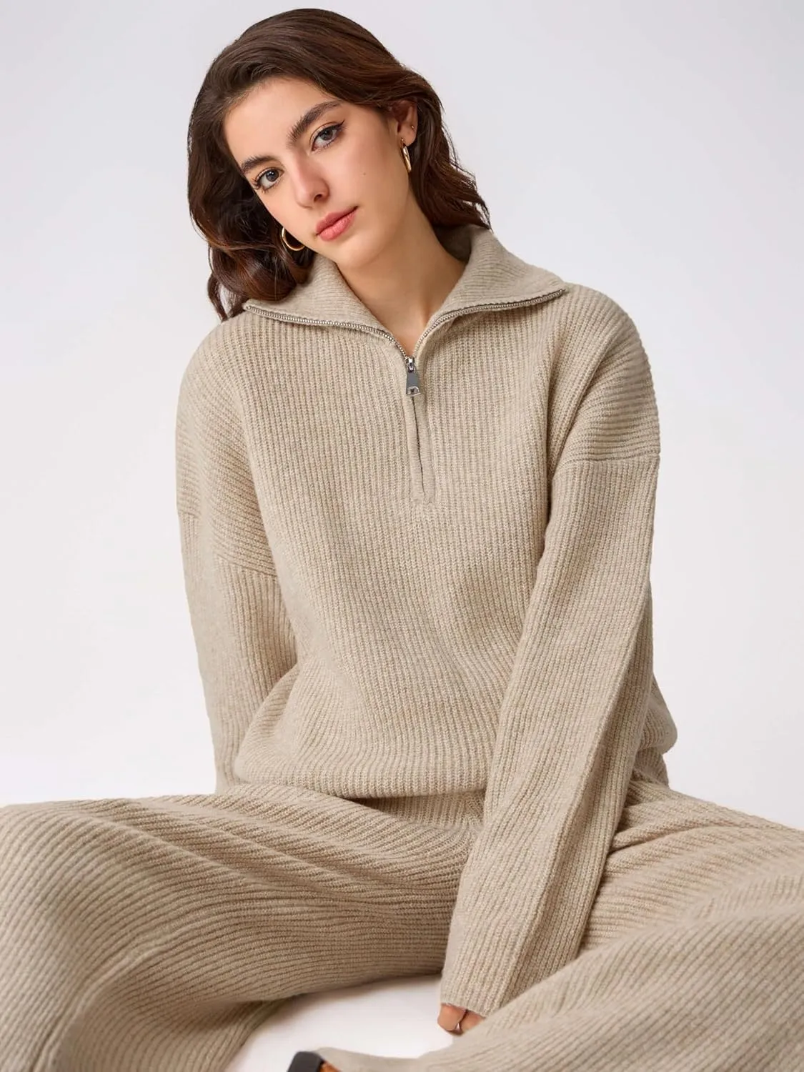 CIDER Quarter Zip Pullover Sweaters for Women Trendy V Neck Long Sleeve Fall Sweaters Solid Knit Chunky Sweater