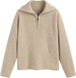 CIDER Quarter Zip Pullover Sweaters for Women Trendy V Neck Long Sleeve Fall Sweaters Solid Knit Chunky Sweater