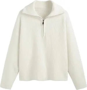 CIDER Quarter Zip Pullover Sweaters for Women Trendy V Neck Long Sleeve Fall Sweaters Solid Knit Chunky Sweater