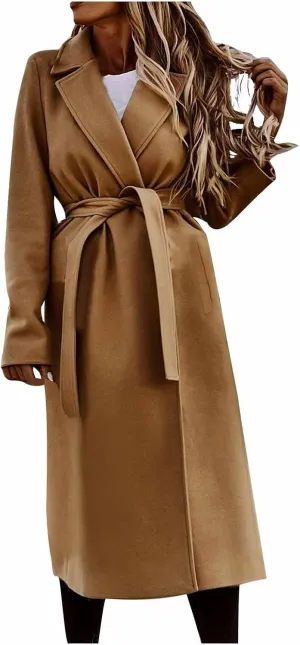 Coat for Women, Long Winter Trench Coats Elegant Solid Jackets Windproof Overcoats Casual Warm Outerwear with Belt