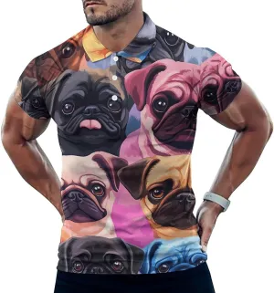 Colorful Pug Dog Slim Fit Men's Short Sleeve Polo Shirts Quick-Dry Breathable Golf T-Shirt Tops
