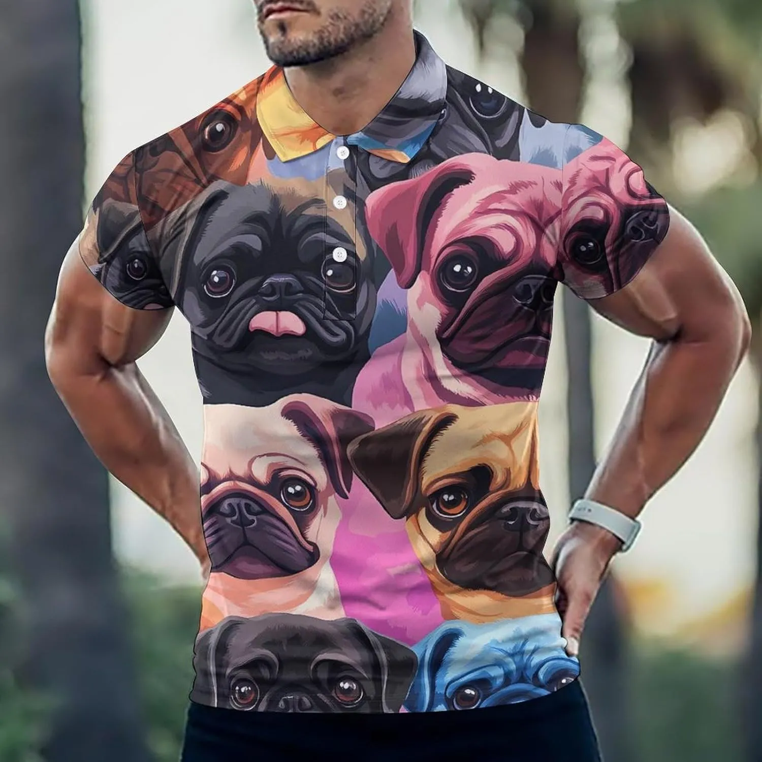 Colorful Pug Dog Slim Fit Men's Short Sleeve Polo Shirts Quick-Dry Breathable Golf T-Shirt Tops