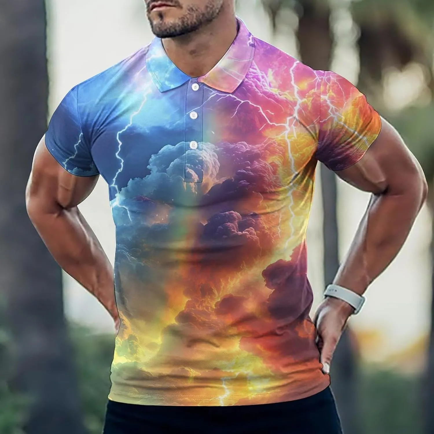 Colorful Rainbow Thunder Slim Fit Men's Short Sleeve Polo Shirts Quick-Dry Breathable Golf T-Shirt Tops