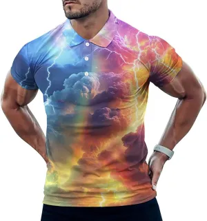 Colorful Rainbow Thunder Slim Fit Men's Short Sleeve Polo Shirts Quick-Dry Breathable Golf T-Shirt Tops
