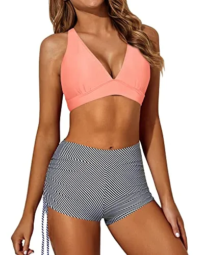 Comfortable Bra And Boy Shorts Modest Backless Tankini-Pink Stripe
