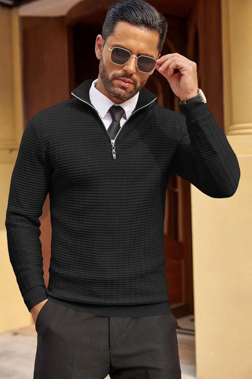 COOFANDY Men's Quarter Zip Sweaters Slim Fit Lightweight Cotton Knitted Casual Mock Neck Pullover Sweaters