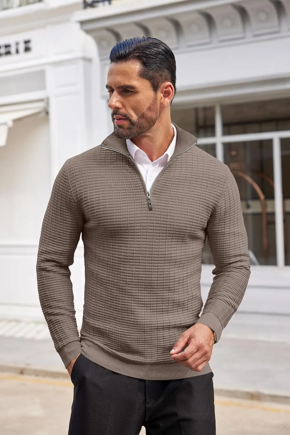 COOFANDY Men's Quarter Zip Sweaters Slim Fit Lightweight Cotton Knitted Casual Mock Neck Pullover Sweaters