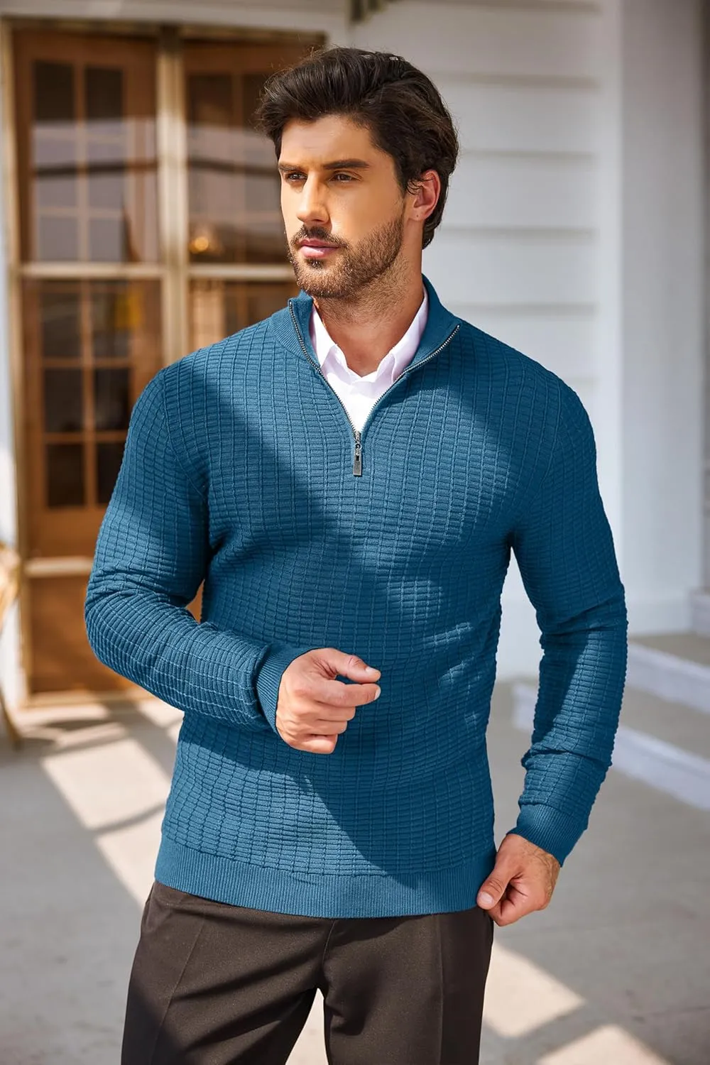 COOFANDY Men's Quarter Zip Sweaters Slim Fit Lightweight Cotton Knitted Casual Mock Neck Pullover Sweaters