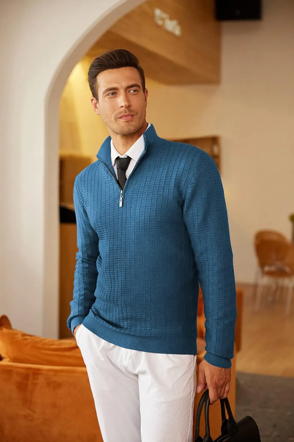 COOFANDY Men's Quarter Zip Sweaters Slim Fit Lightweight Cotton Knitted Casual Mock Neck Pullover Sweaters