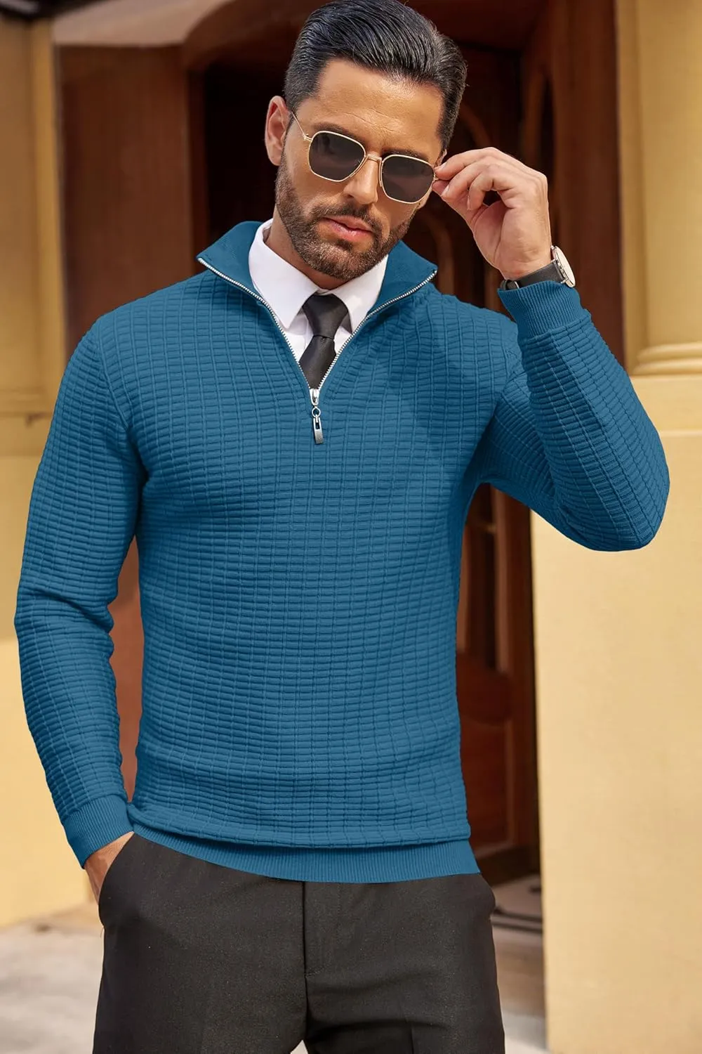 COOFANDY Men's Quarter Zip Sweaters Slim Fit Lightweight Cotton Knitted Casual Mock Neck Pullover Sweaters