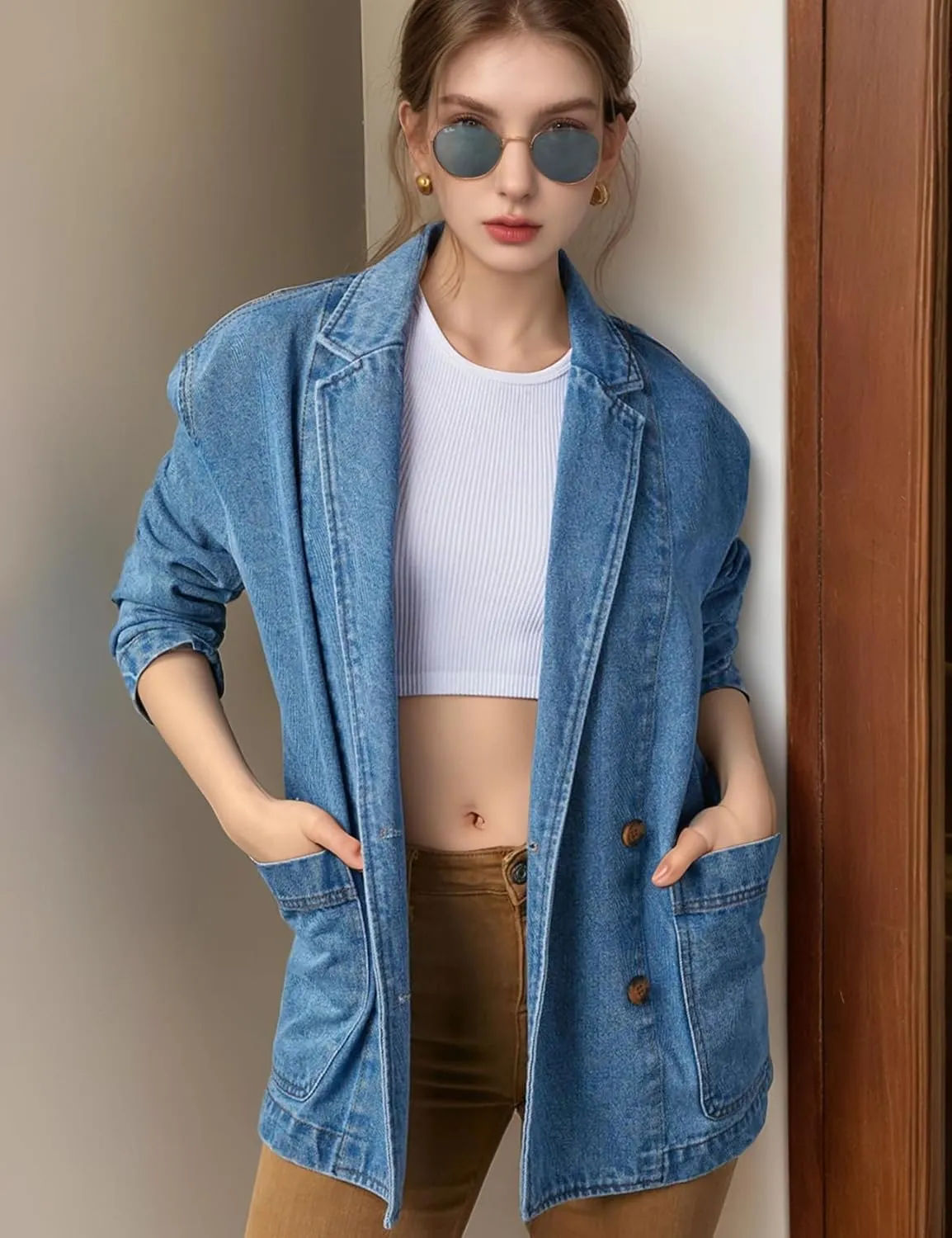 COZYPOIN Womens Long Denim Jacket Button Up Blazer Oversized Notched Lapel Casual Jean Shacket Coat