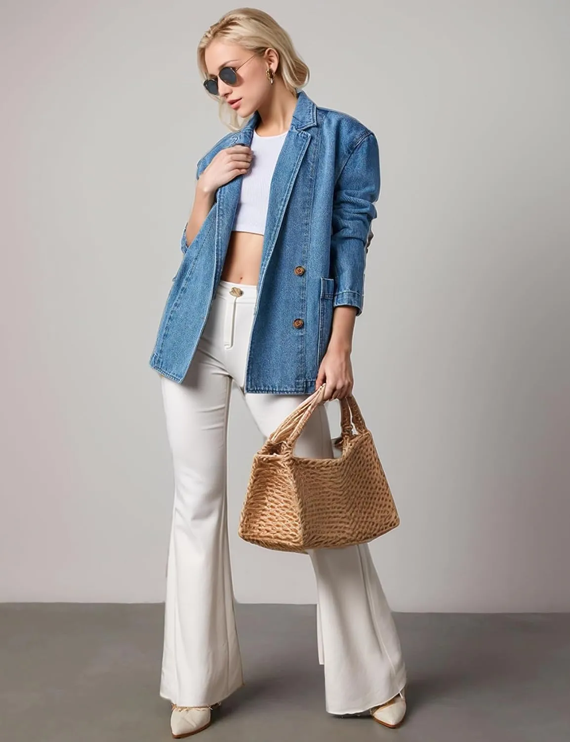 COZYPOIN Womens Long Denim Jacket Button Up Blazer Oversized Notched Lapel Casual Jean Shacket Coat