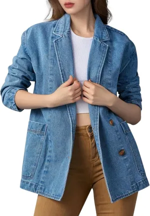 COZYPOIN Womens Long Denim Jacket Button Up Blazer Oversized Notched Lapel Casual Jean Shacket Coat