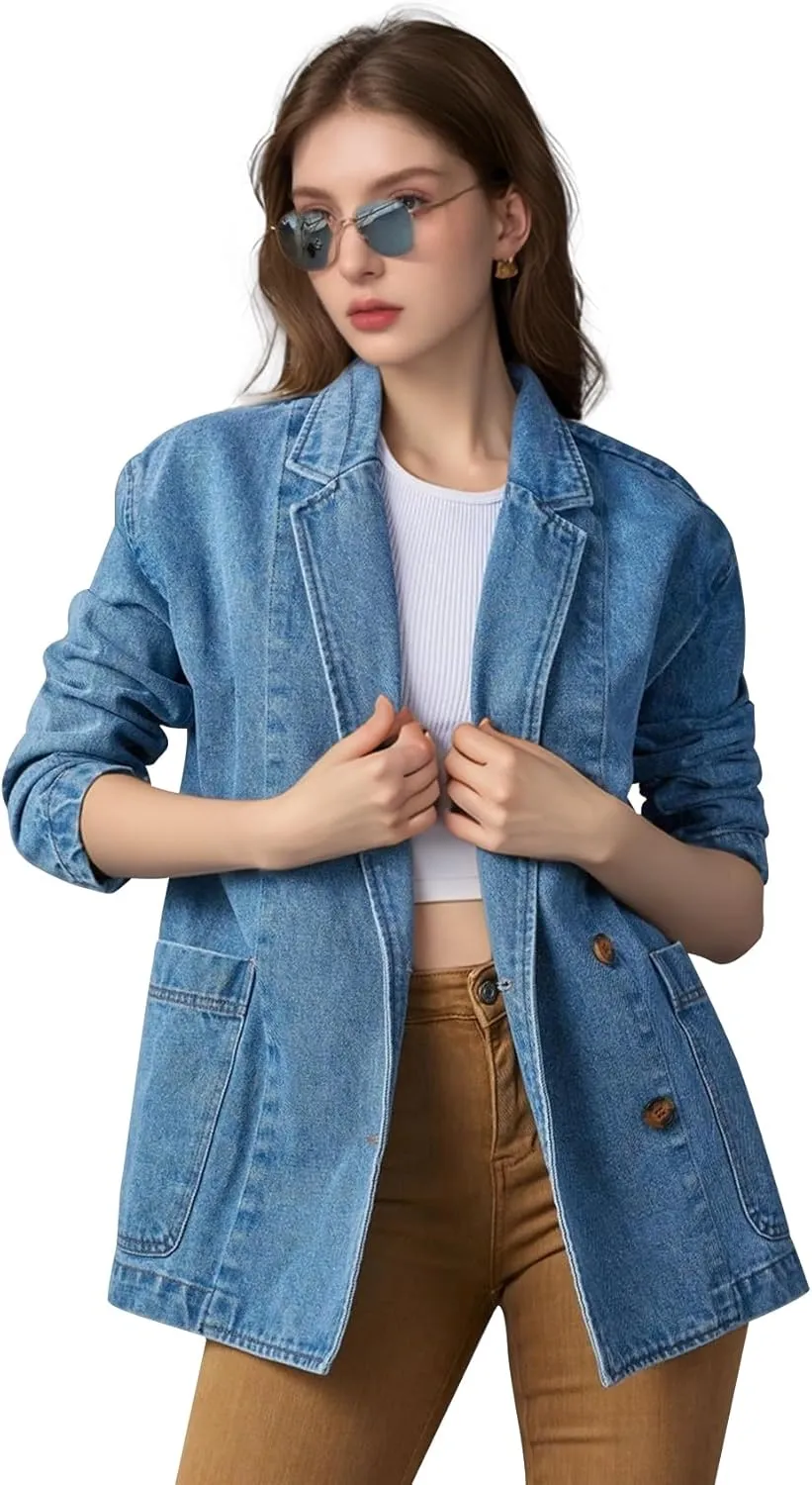 COZYPOIN Womens Long Denim Jacket Button Up Blazer Oversized Notched Lapel Casual Jean Shacket Coat