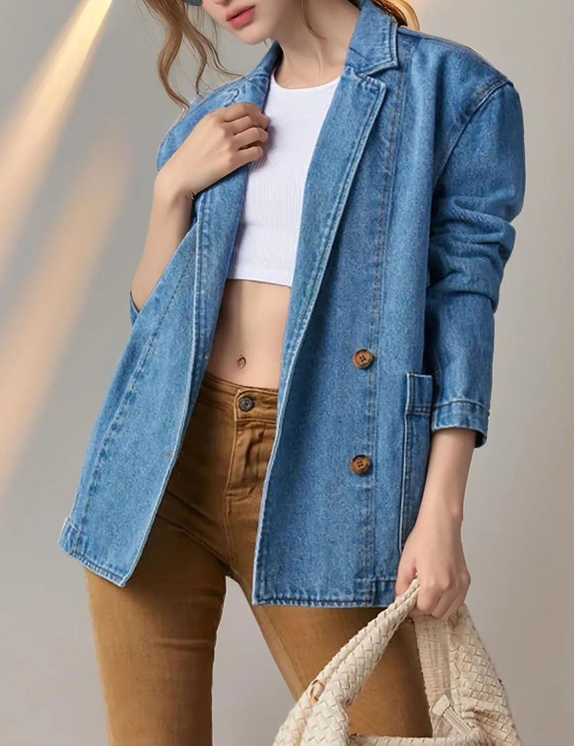 COZYPOIN Womens Long Denim Jacket Button Up Blazer Oversized Notched Lapel Casual Jean Shacket Coat