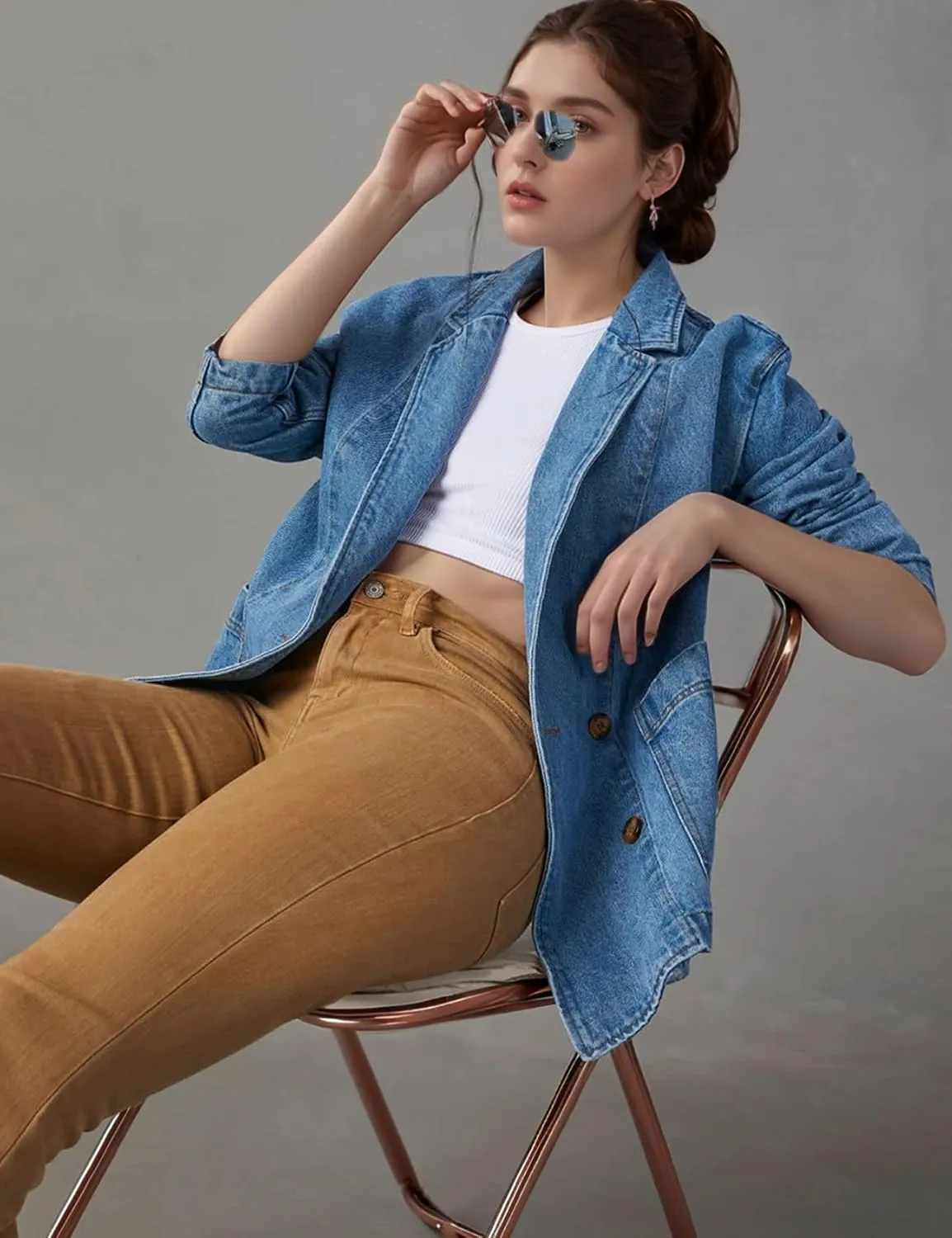 COZYPOIN Womens Long Denim Jacket Button Up Blazer Oversized Notched Lapel Casual Jean Shacket Coat