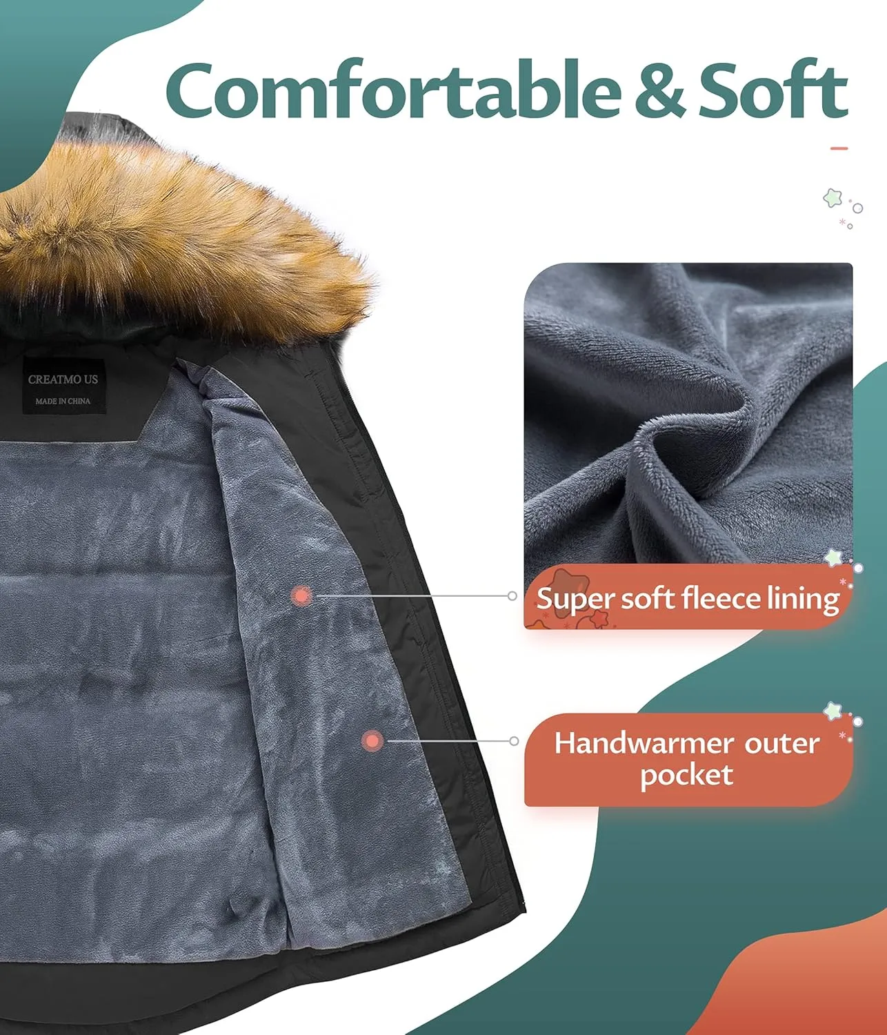 CREATMO US Boy's Winter Parka Water Resistant Hooded Puffer Fleece Lined Jackets Coats
