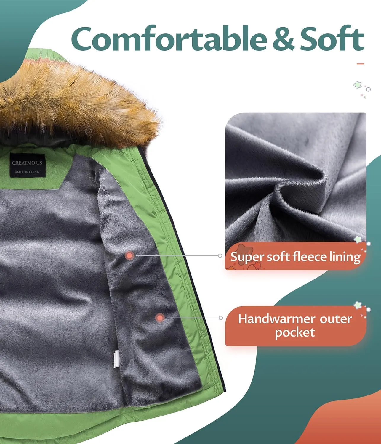 CREATMO US Boy's Winter Parka Water Resistant Hooded Puffer Fleece Lined Jackets Coats
