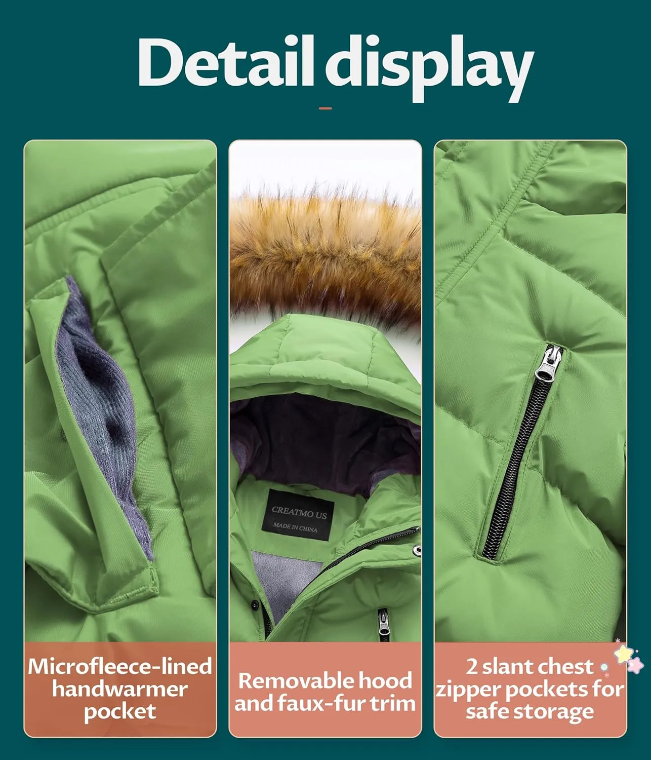 CREATMO US Boy's Winter Parka Water Resistant Hooded Puffer Fleece Lined Jackets Coats