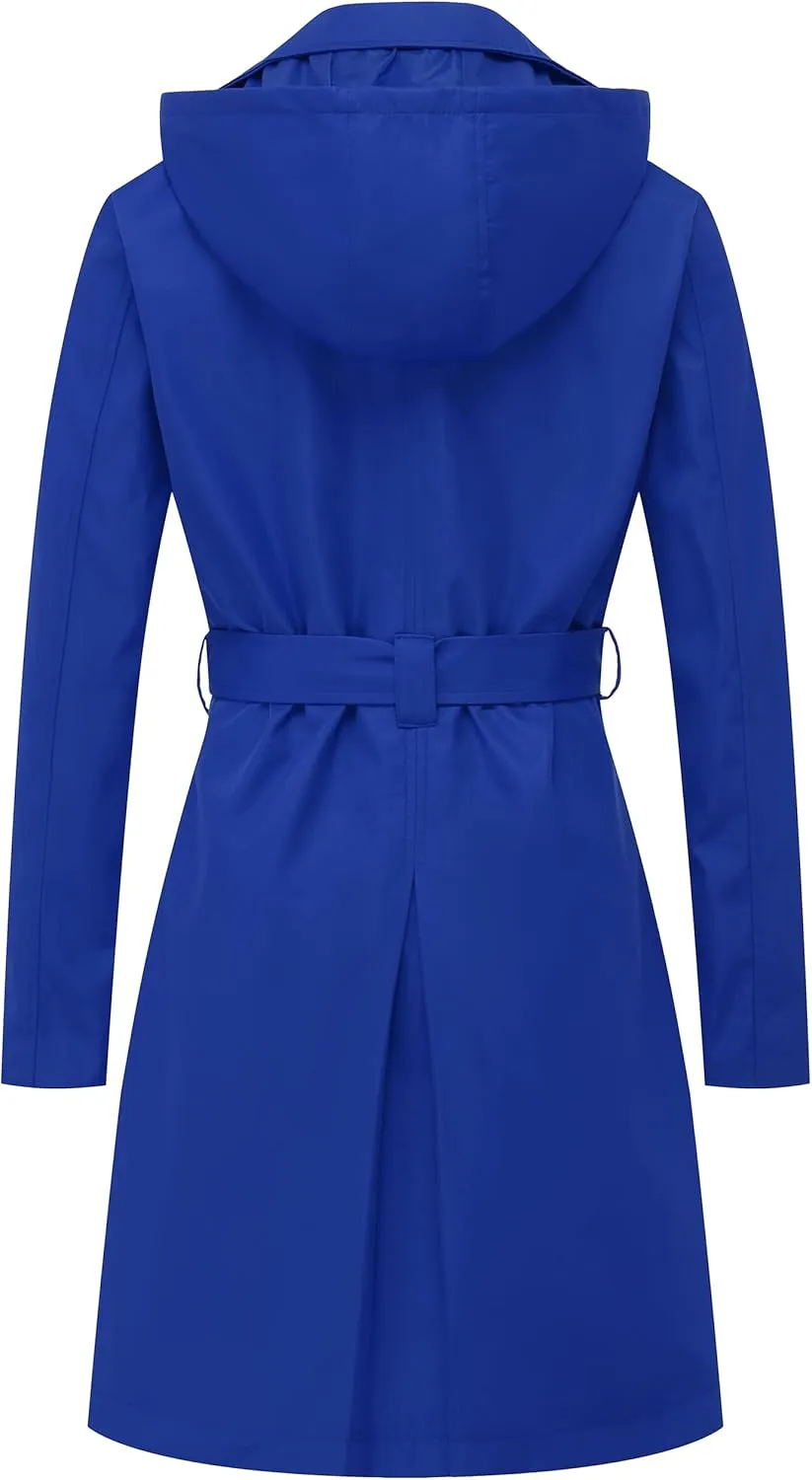 CREATMO US Women's Long Trench Coat Double-Breasted Classic Lapel Overcoat Belted Slim Outerwear Coat with Detachable Hood