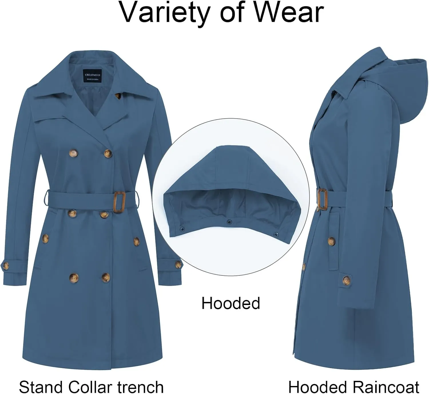 CREATMO US Women's Long Trench Coat Double-Breasted Classic Lapel Overcoat Belted Slim Outerwear Coat with Detachable Hood