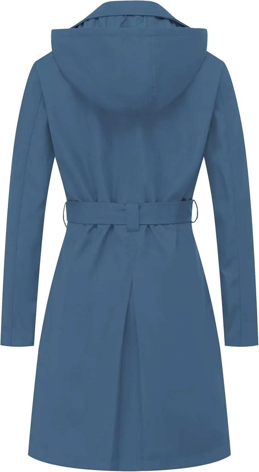 CREATMO US Women's Long Trench Coat Double-Breasted Classic Lapel Overcoat Belted Slim Outerwear Coat with Detachable Hood