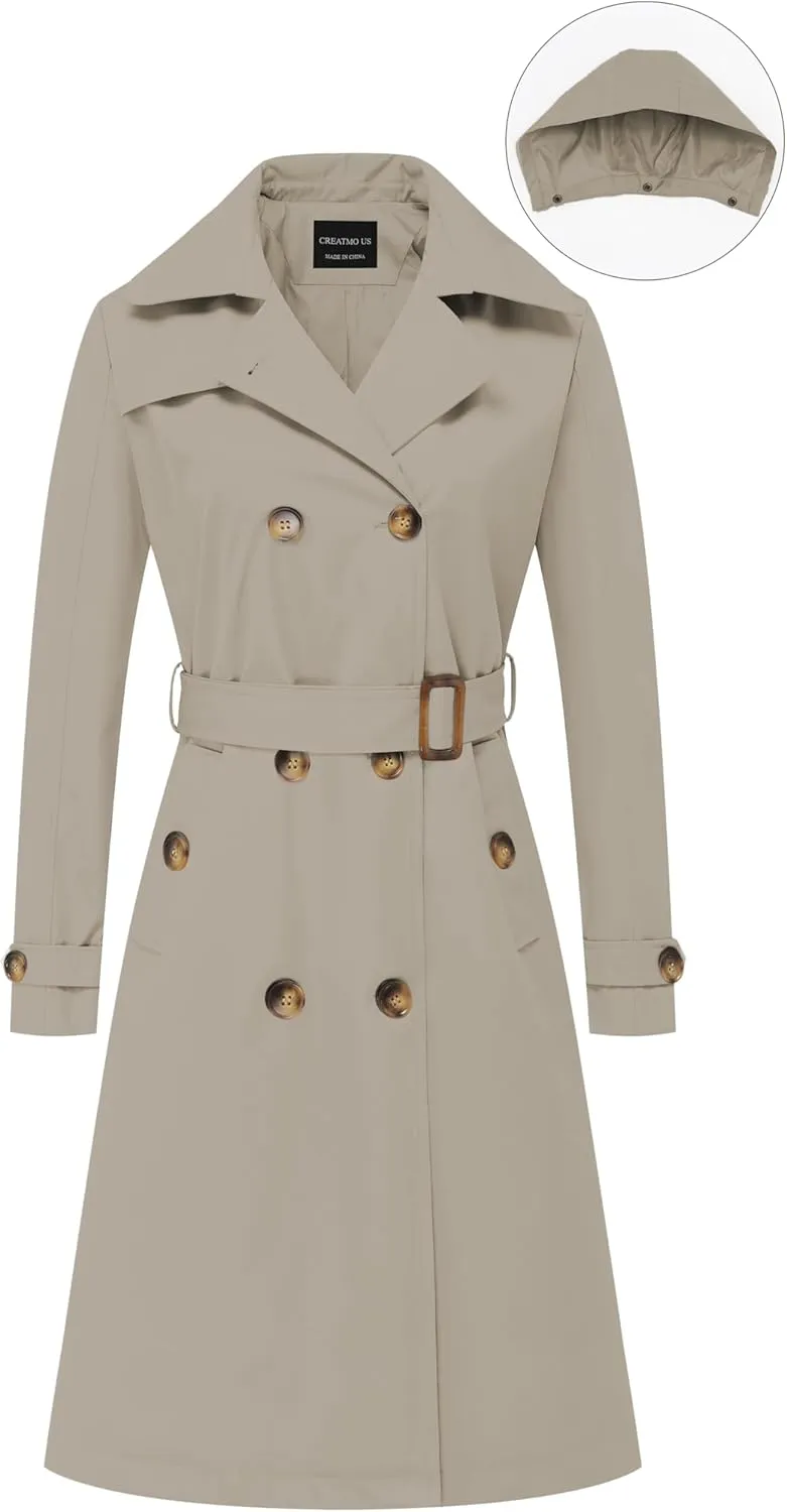 CREATMO US Women's Long Trench Coat Double-Breasted Classic Lapel Overcoat Belted Slim Outerwear Coat with Detachable Hood