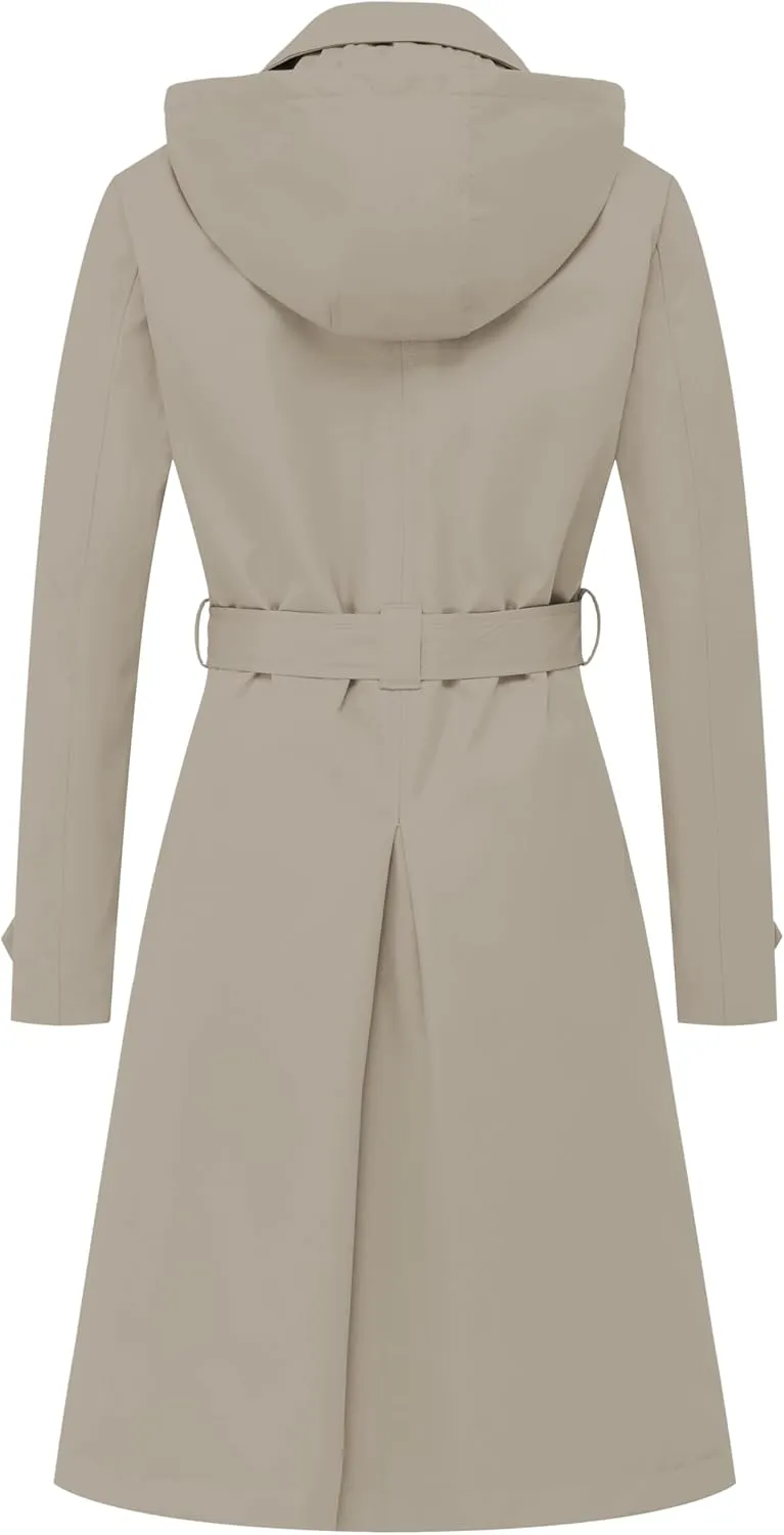 CREATMO US Women's Long Trench Coat Double-Breasted Classic Lapel Overcoat Belted Slim Outerwear Coat with Detachable Hood
