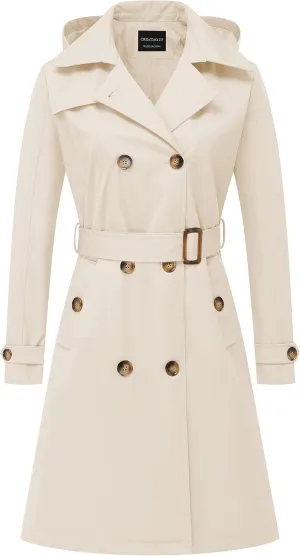 CREATMO US Women's Long Trench Coat Double-Breasted Classic Lapel Overcoat Belted Slim Outerwear Coat with Detachable Hood