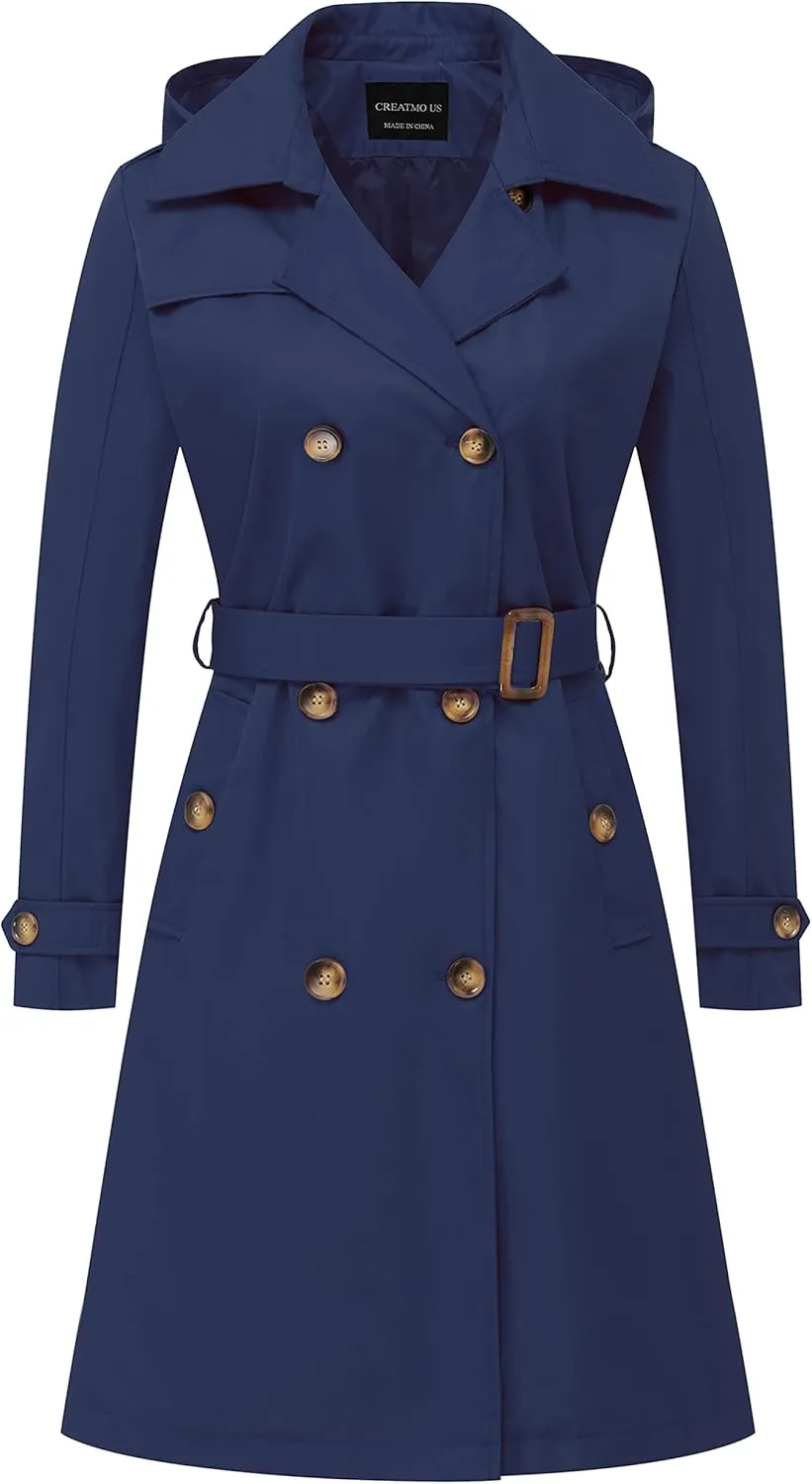 CREATMO US Women's Long Trench Coat Double-Breasted Classic Lapel Overcoat Belted Slim Outerwear Coat with Detachable Hood