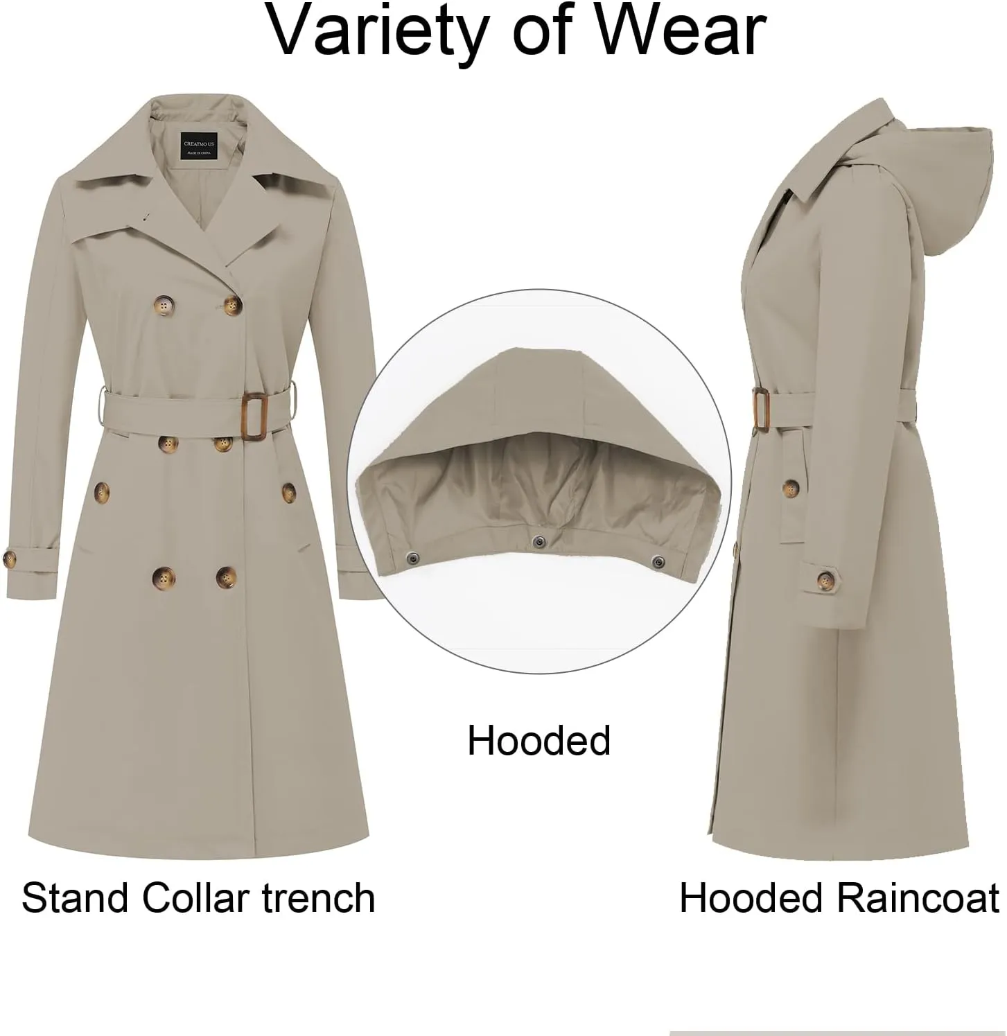 CREATMO US Women's Long Trench Coat Double-Breasted Classic Lapel Overcoat Belted Slim Outerwear Coat with Detachable Hood