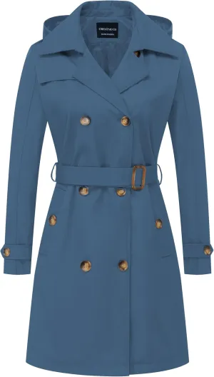 CREATMO US Women's Long Trench Coat Double-Breasted Classic Lapel Overcoat Belted Slim Outerwear Coat with Detachable Hood