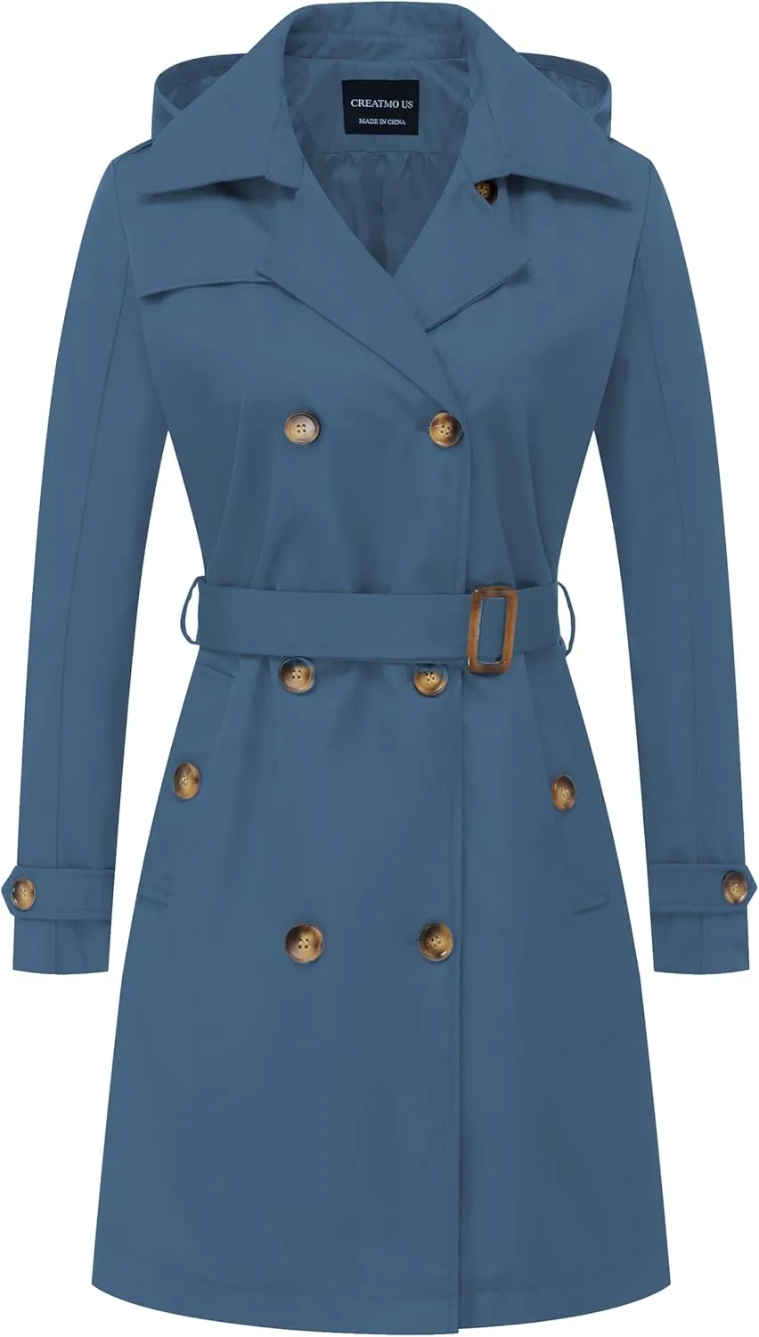 CREATMO US Women's Long Trench Coat Double-Breasted Classic Lapel Overcoat Belted Slim Outerwear Coat with Detachable Hood