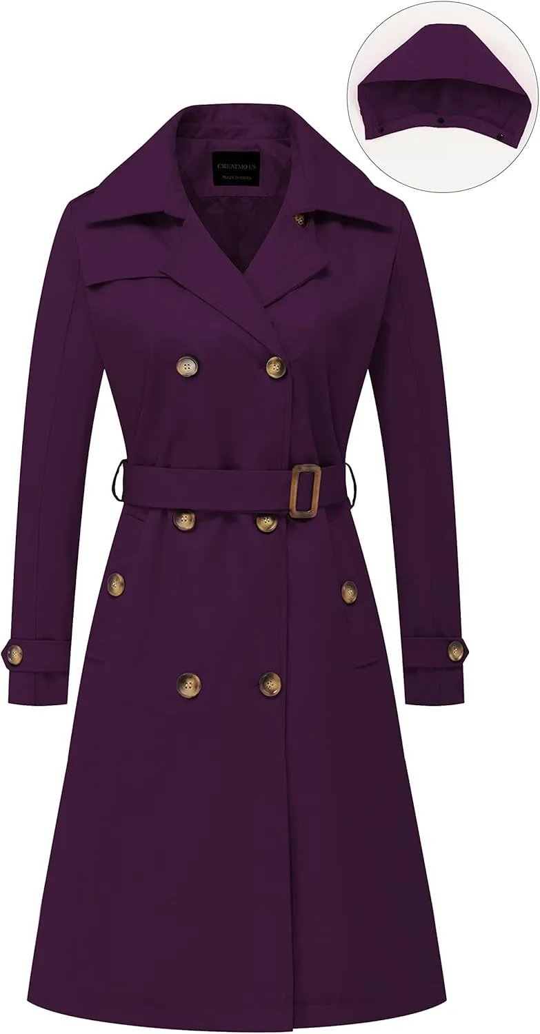 CREATMO US Women's Long Trench Coat Double-Breasted Classic Lapel Overcoat Belted Slim Outerwear Coat with Detachable Hood