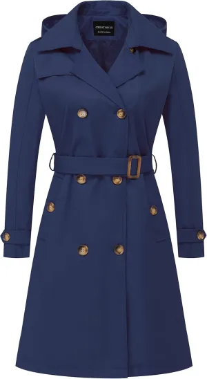 CREATMO US Women's Long Trench Coat Double-Breasted Classic Lapel Overcoat Belted Slim Outerwear Coat with Detachable Hood