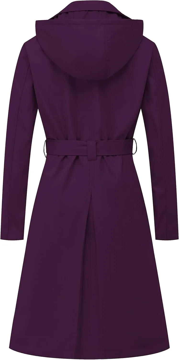 CREATMO US Women's Long Trench Coat Double-Breasted Classic Lapel Overcoat Belted Slim Outerwear Coat with Detachable Hood